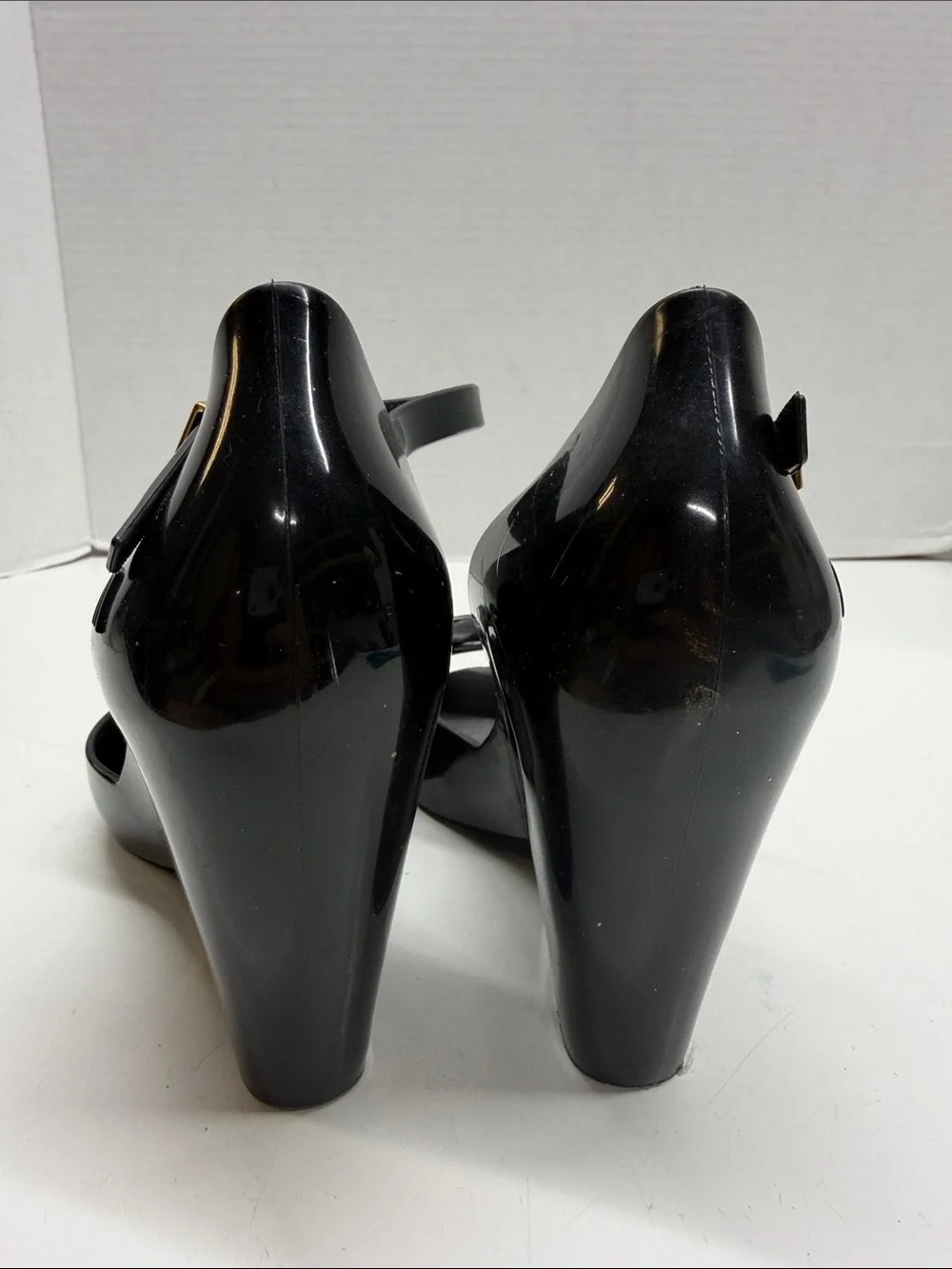 Melissa Lady Love III Heels Wedges Shoes Bow Peep Toe PVC Shiny Black Size 6